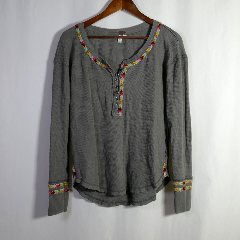We The Free People Boho Rainbow Trim Thermal Henley Top Size S Hippie Festival